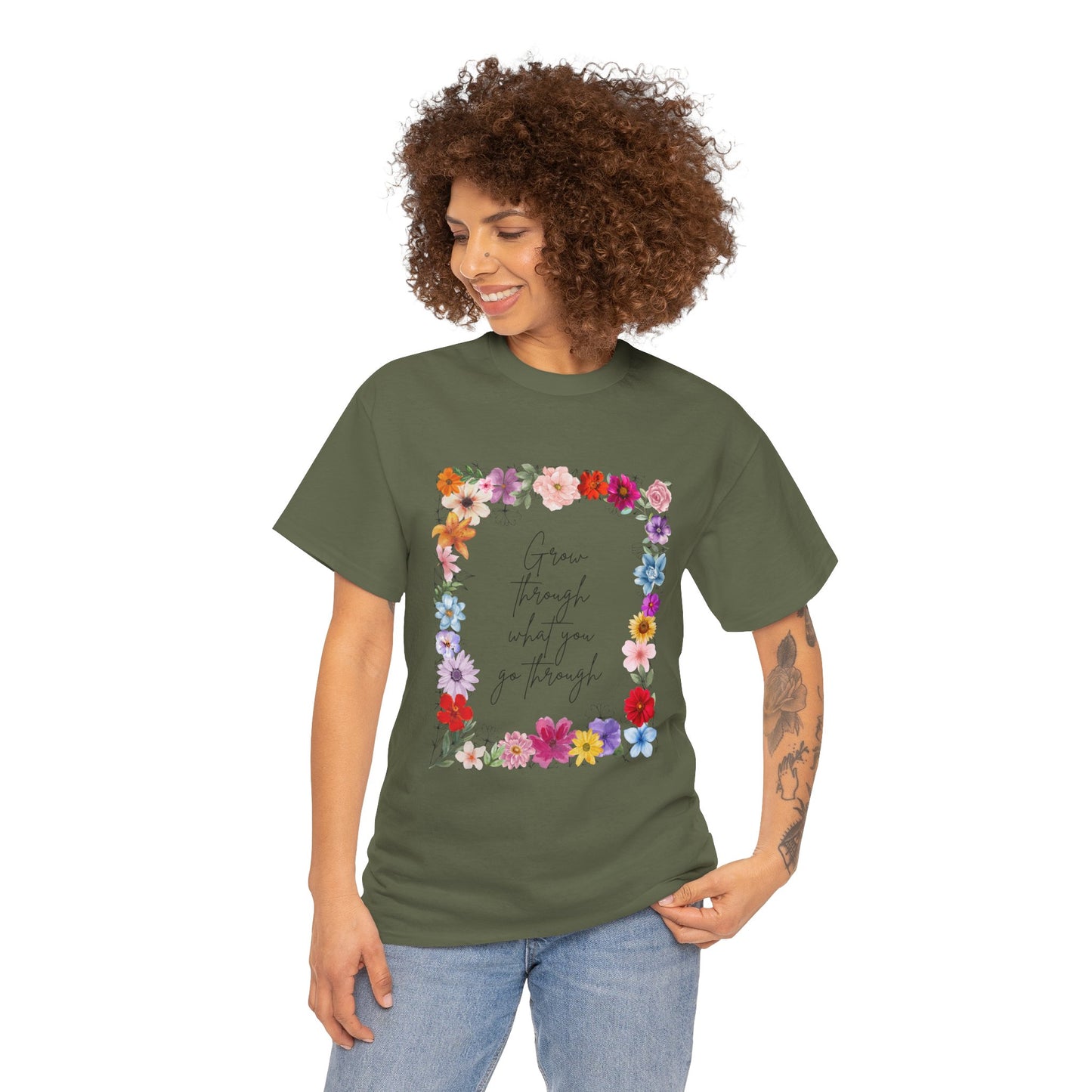 Floral Inspiration Tee - Celebrate Life's Journey, Women's Heavy Cotton Tee with Motivational Quote, Gift for Friends, Spring Fashion