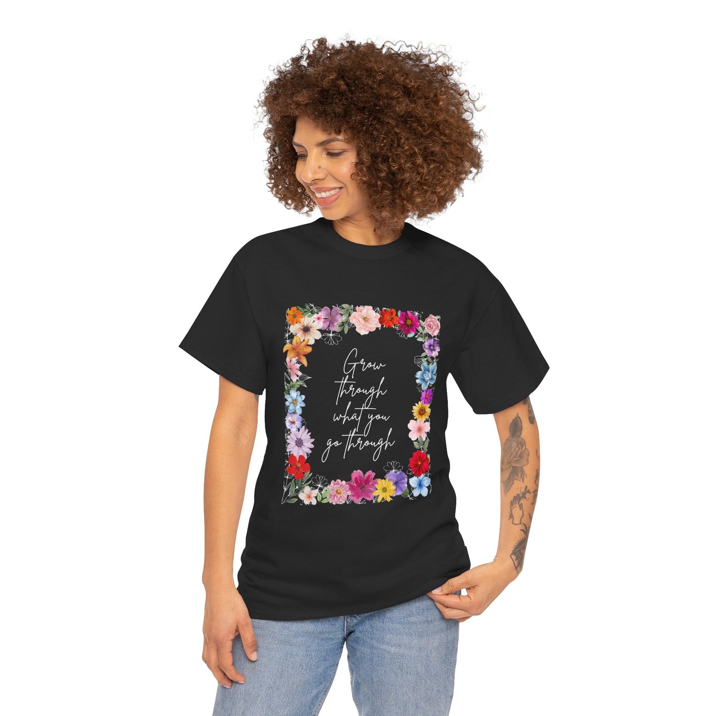 Floral Inspiration Tee - Celebrate Life's Journey, Women's Heavy Cotton Tee with Motivational Quote, Gift for Friends, Spring Fashion