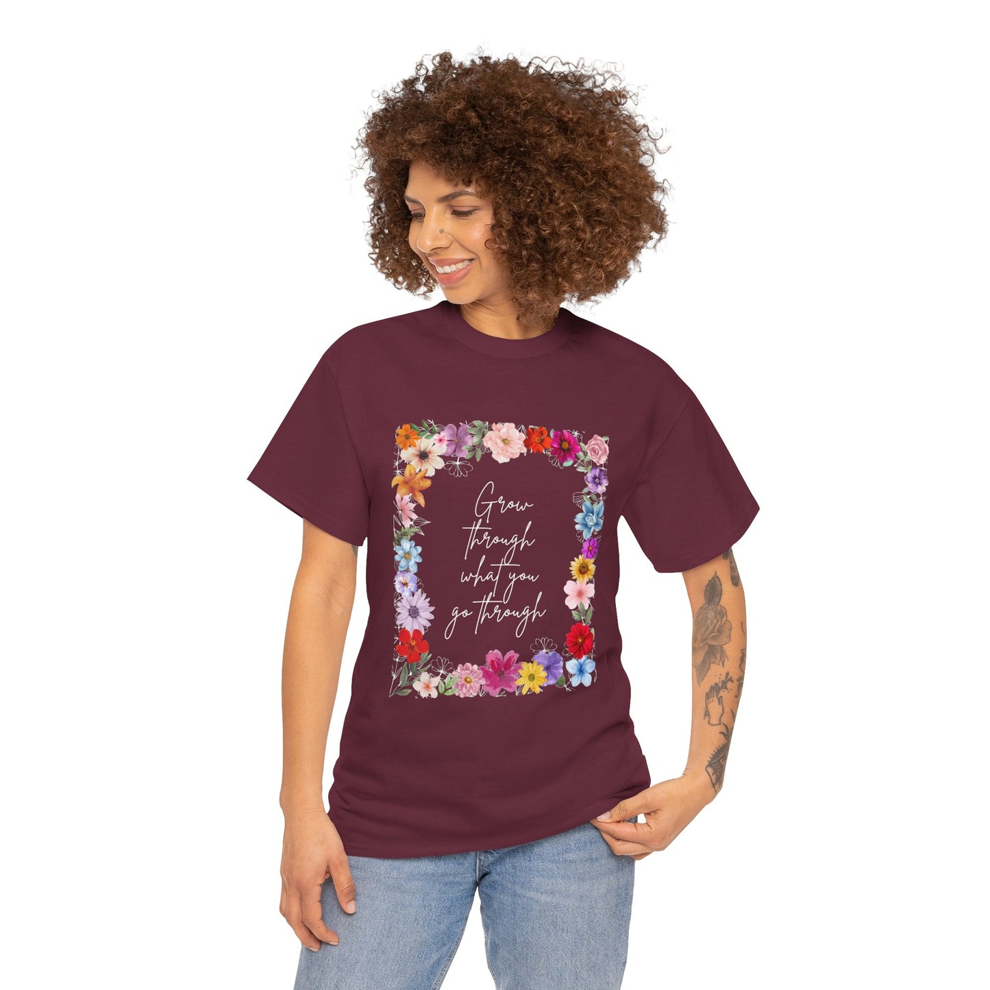 Floral Inspiration Tee - Celebrate Life's Journey, Women's Heavy Cotton Tee with Motivational Quote, Gift for Friends, Spring Fashion